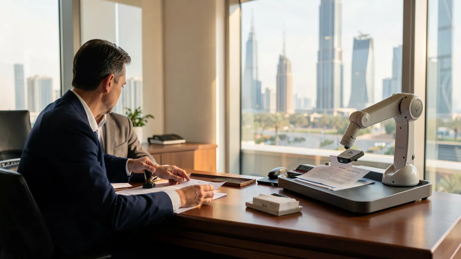 From behind the company owner’s desk, a balanced tableau shows a clerk manually stamping and sorting paper invoices on the left while a quiet robotic arm feeds scanned documents into a tray on the right.