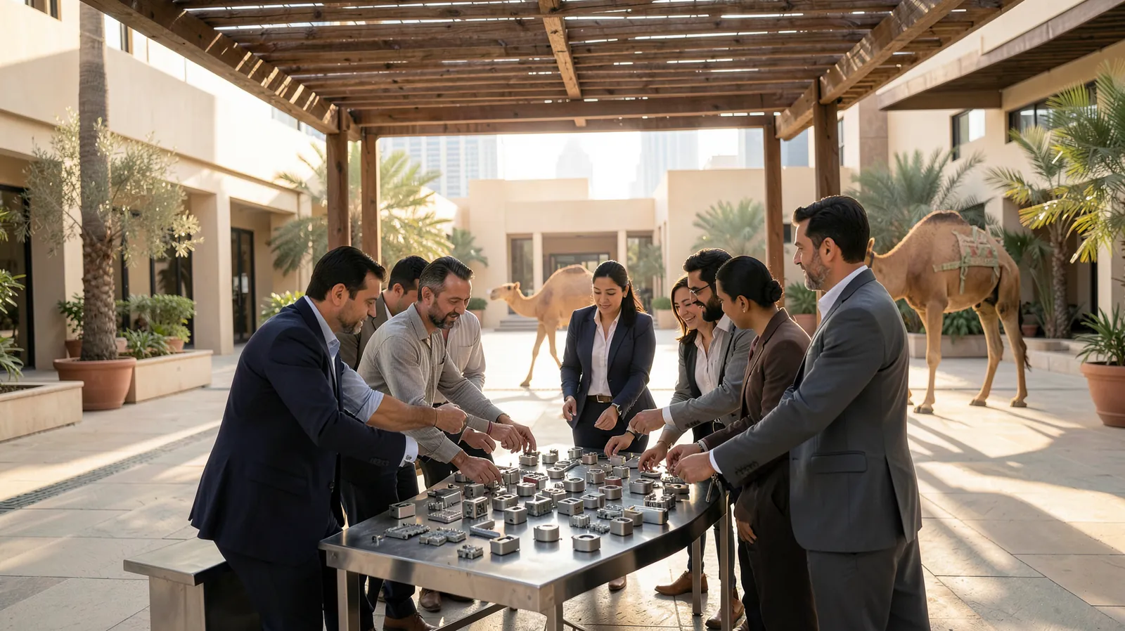 In an open courtyard shaded by a pergola, a group of SME owners gathers around a low metal table strewn with unmarked prototype parts, their hands exchanging interchangeable modules as a lone camel silhouette walks past, suggesting a crossroads between standing internal capacity and external agility.