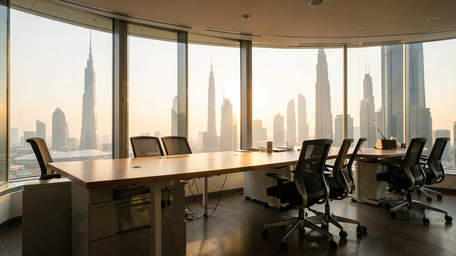 An empty meeting room high in a Dubai tower at first light, a long bare wooden table with ergonomic chairs along one side, and the Burj Khalifa and neighbouring towers softened by haze through curved floor-to-ceiling glass.