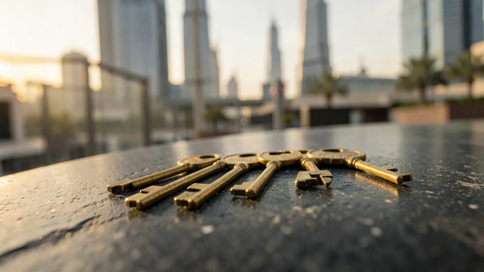 A row of identical brass keys resting on dark stone, warm directional light, shallow depth of field.