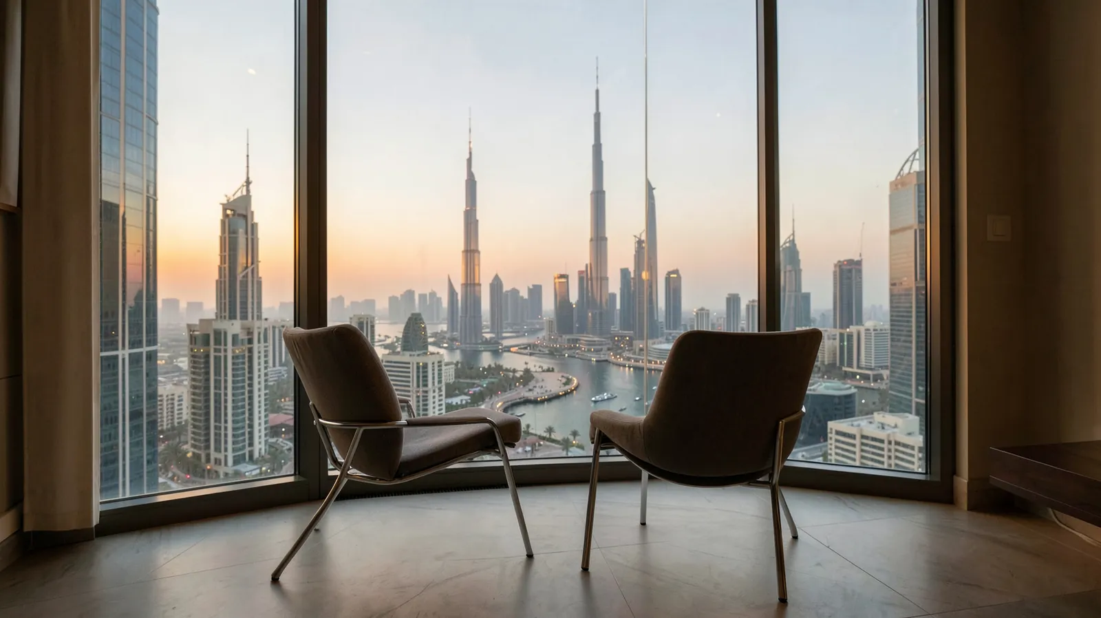 A high window at dawn overlooking Dubai as the city lights fade into daylight, an empty chair turned toward the view.