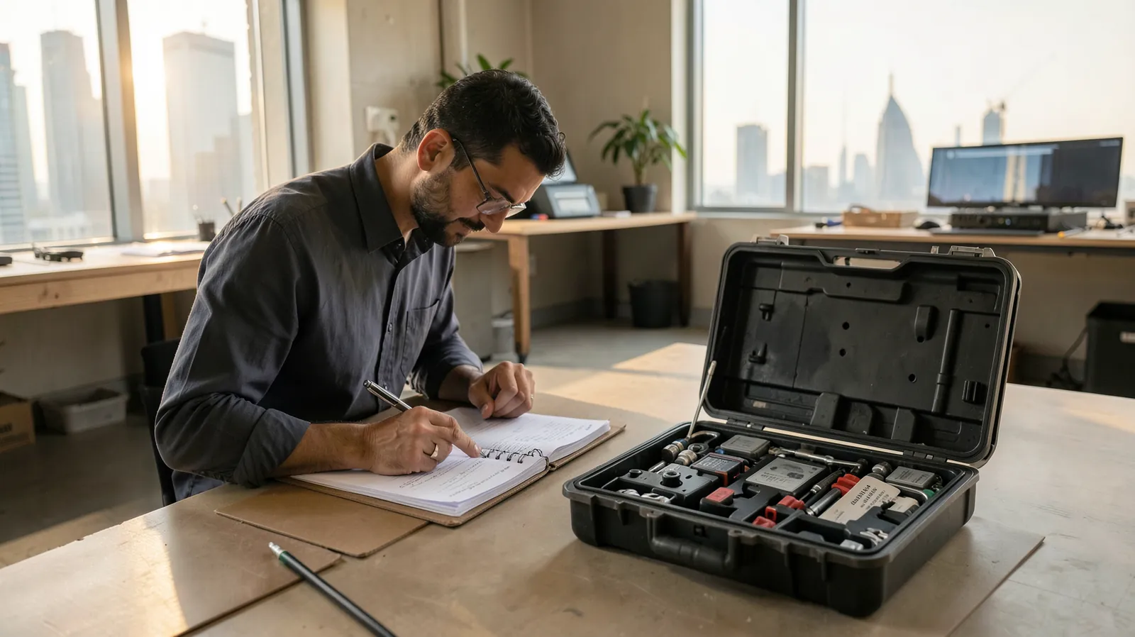On a tidy workshop floor, a lone worker writes invoices by hand on a ledger while a nearby portable case of unmarked modular tools prints matching invoices automatically.