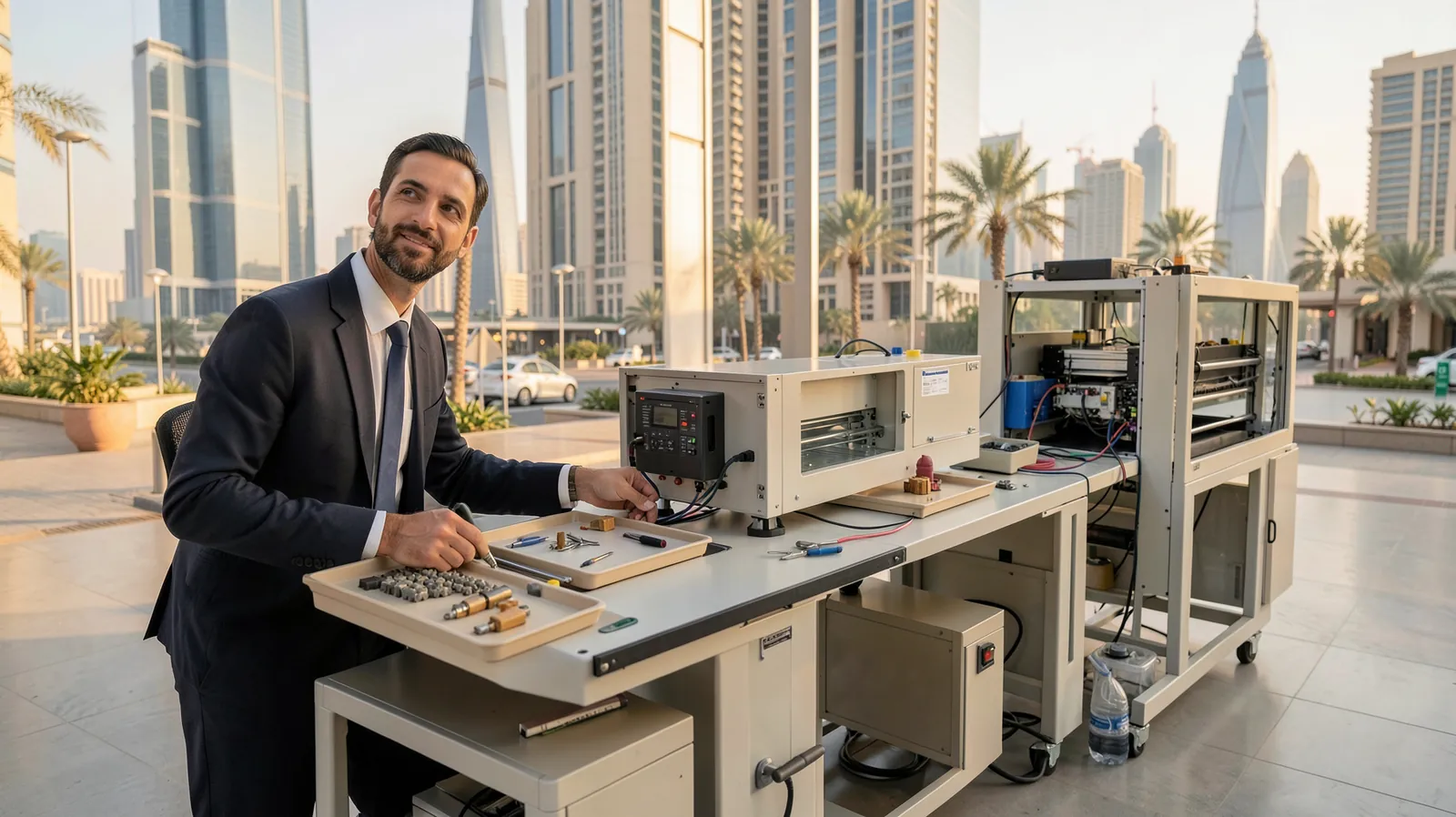 Later the decision maker watches as the internal workbench runs a steady rhythm of manual task flow while the external modular system is reprogrammed on the fly, each side producing identical outputs on neutral trays.